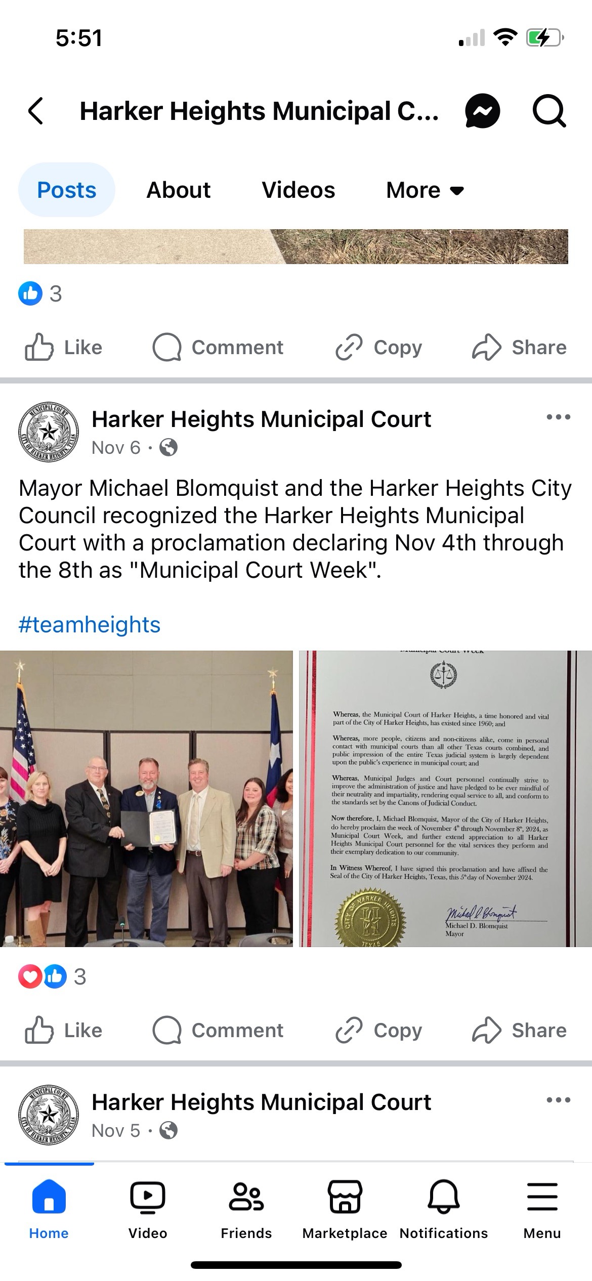 Screenshot of Harker Heights' Facebook post about Municipal Courts Week proclamation